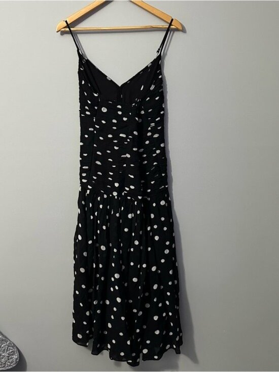 LOFT Polka Dot Midi Dress Black White Ruched Tiered Size 12 Coquette - Picture 3 of 12